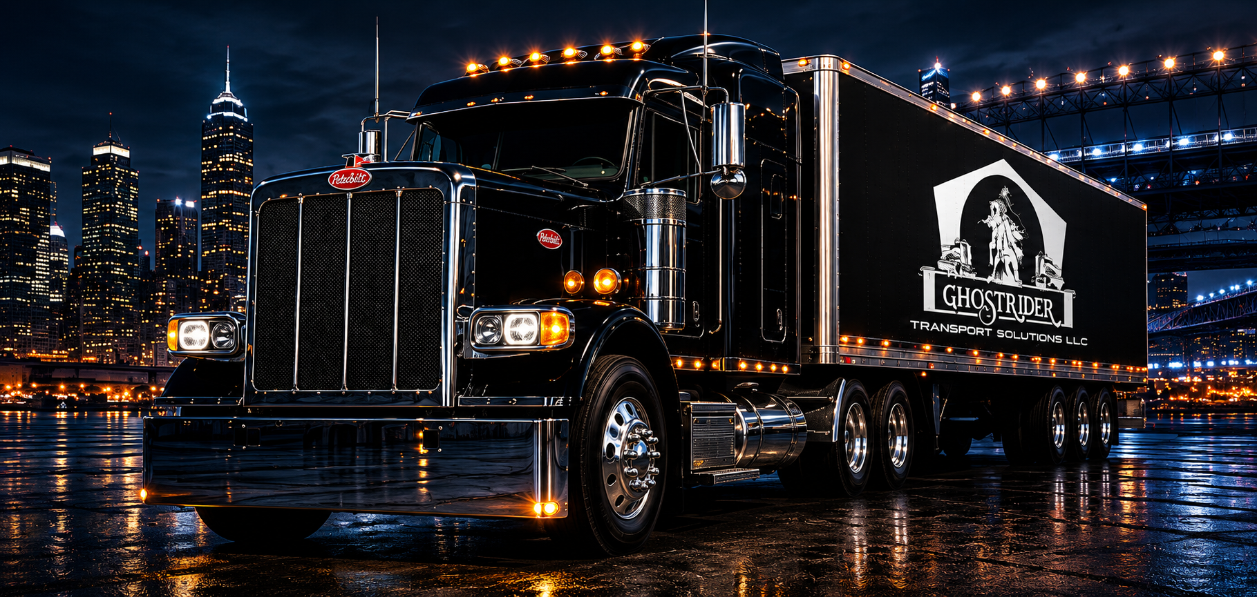 Ghostrider truck and trailer lit at night